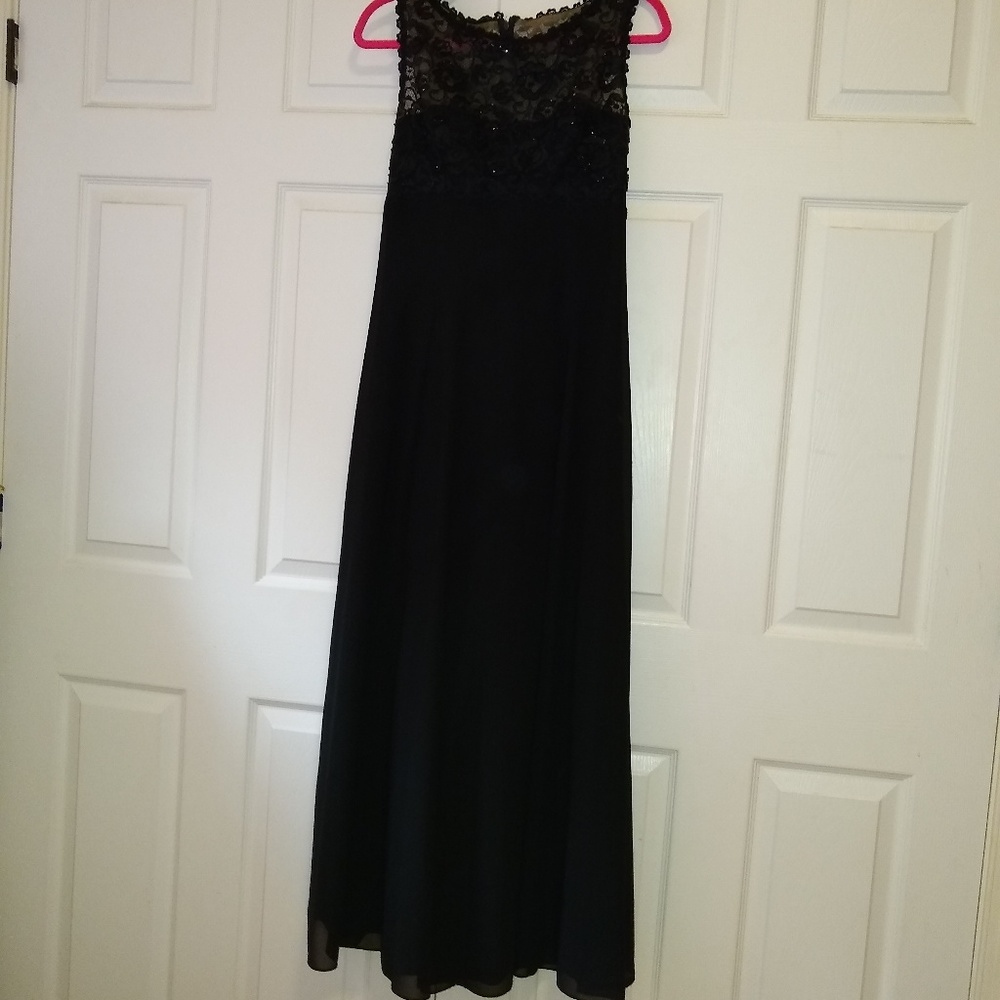 Black dress, beaded in the front, lace in the back